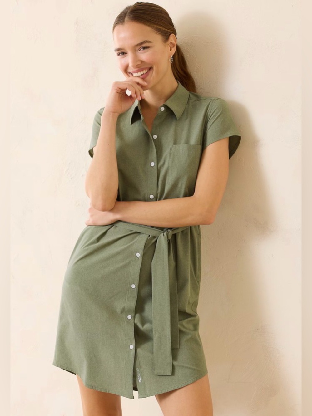 Tommy Bahama Olive Short-Sleeve Button Front Tie-Waist Mini Dress